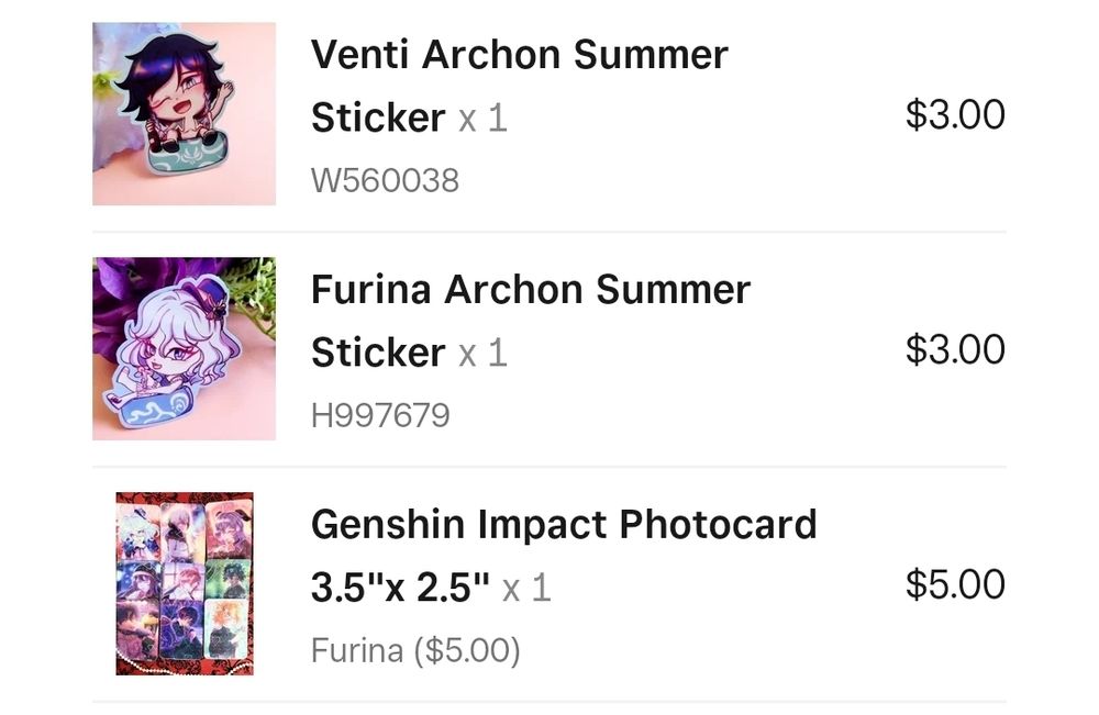 Screenshot of an order I received on my online art store the products are characters from genshin impact