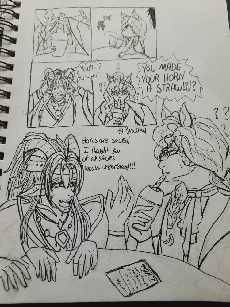 Art of my two original characters in a short comic where Aoyin thinks Sylvester made his unicorn horn into a straw... he did not-