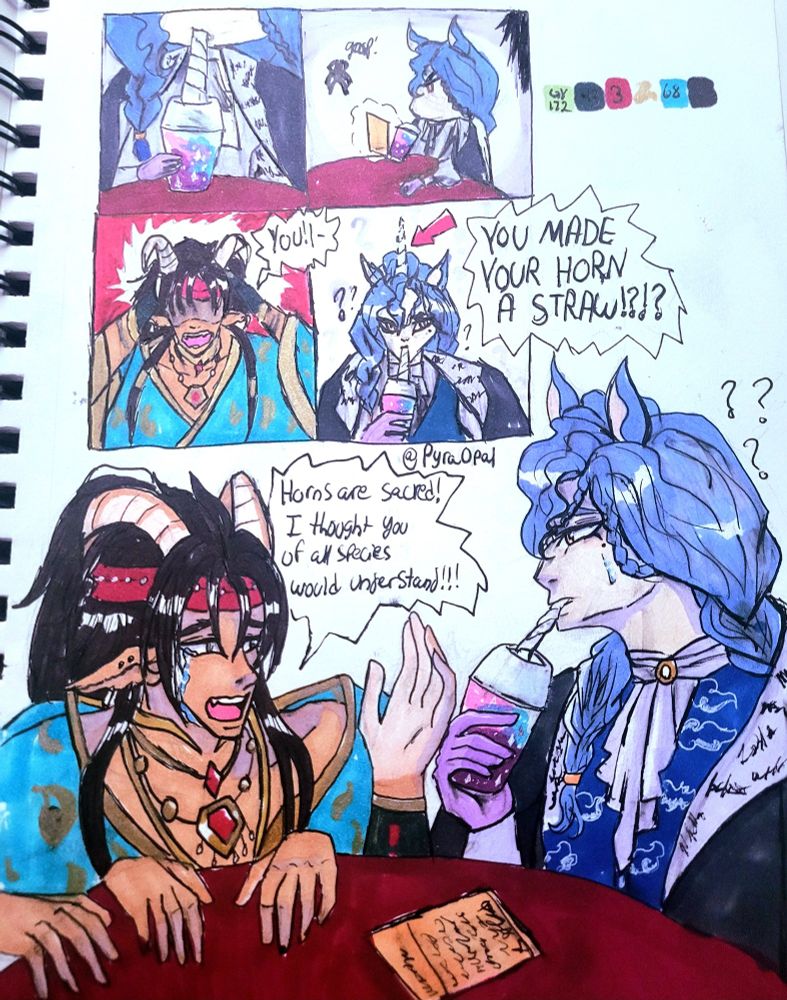 A short comic of my two oc where Sarion believes that the reason Sylvester doesn't have a horn is because he made it into a straw, he did not-