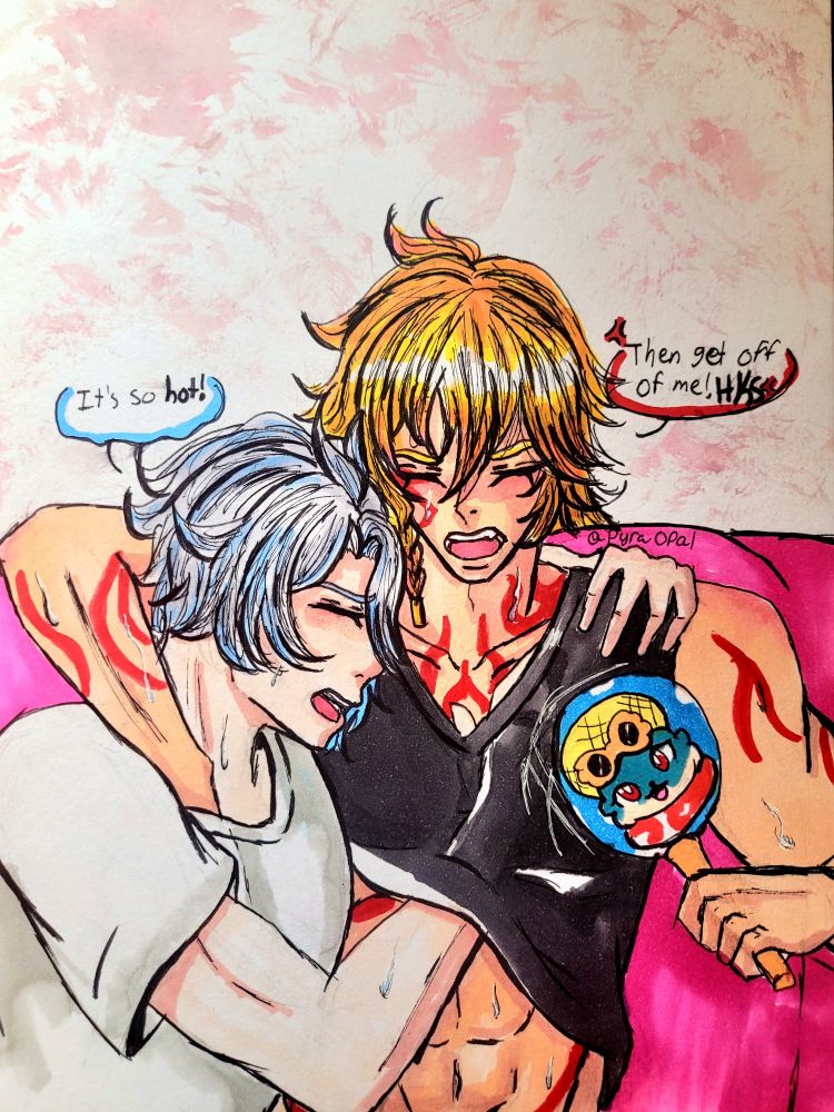 Phainon and Mydei from honkai star rail trying to cool down but are sitting close together