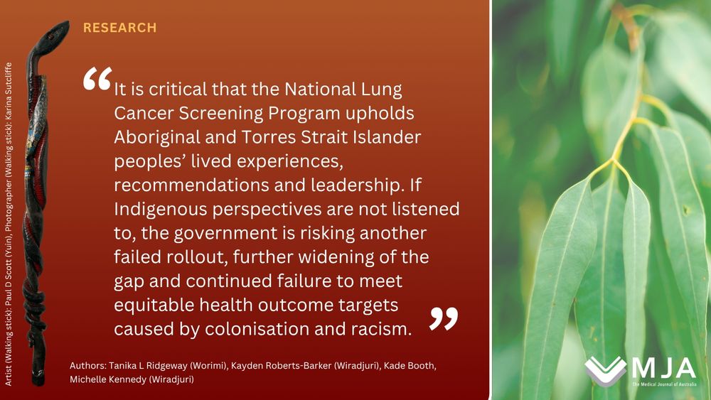 Image plus tex from research paper is by Tanika Ridgeway and colleagues "Aboriginal and Torres Strait Islander voices on the National Lung Cancer Screening Program: a qualitative study from Worimi and Awabakal country"
https://www.mja.com.au/journal/2025/223/1/aboriginal-and-torres-strait-islander-voices-national-lung-cancer-screening