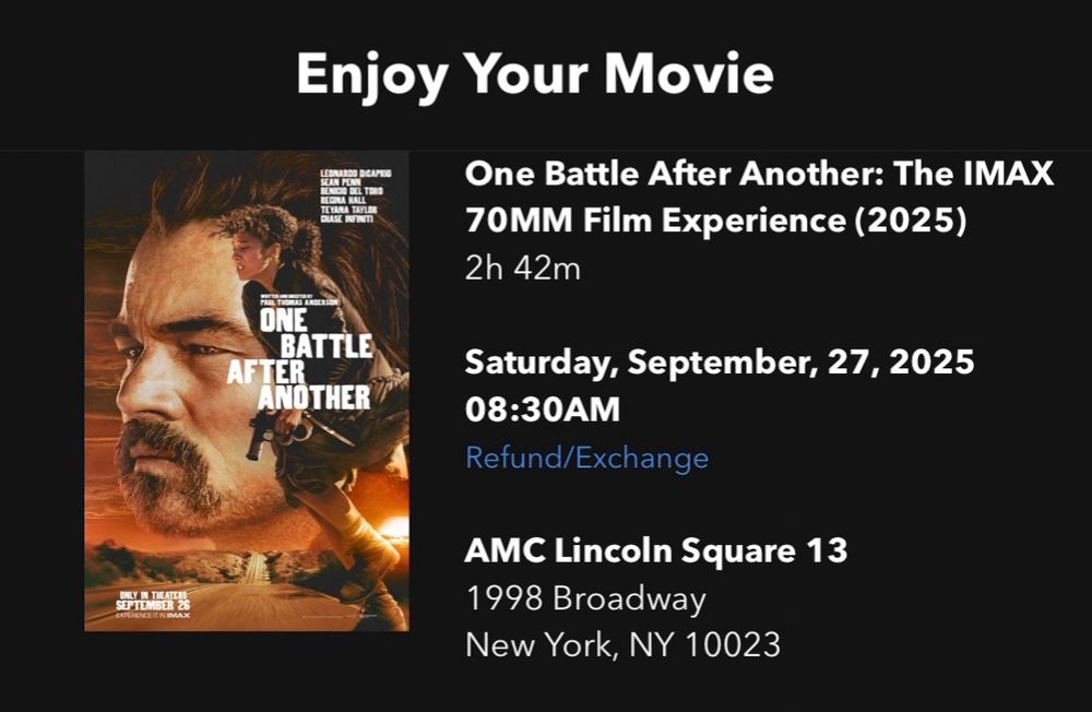 A ticket for One Battle After Another at 8:30am, in IMAX 70mm.