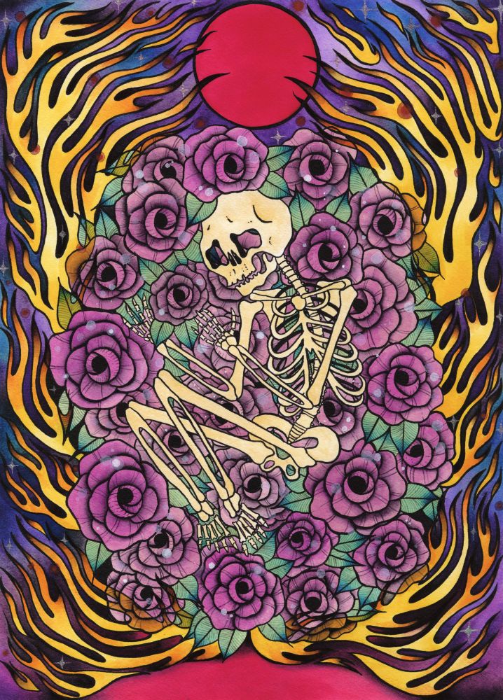 A painting of a skeleton surrounded by flames atop a bed of flowers and holding onto a single flower. Above the skeleton is a red sun. 