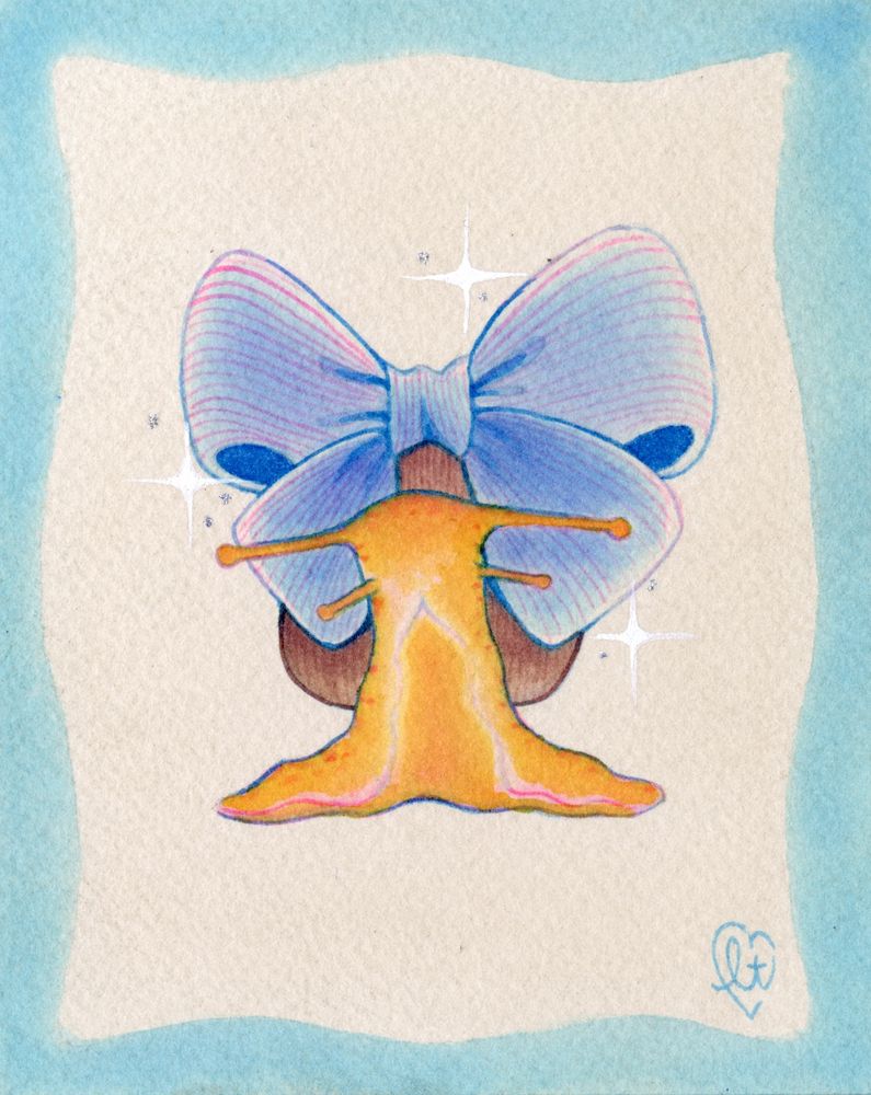 A watercolor painting of a slug wearing an oversized blue bow on its shell