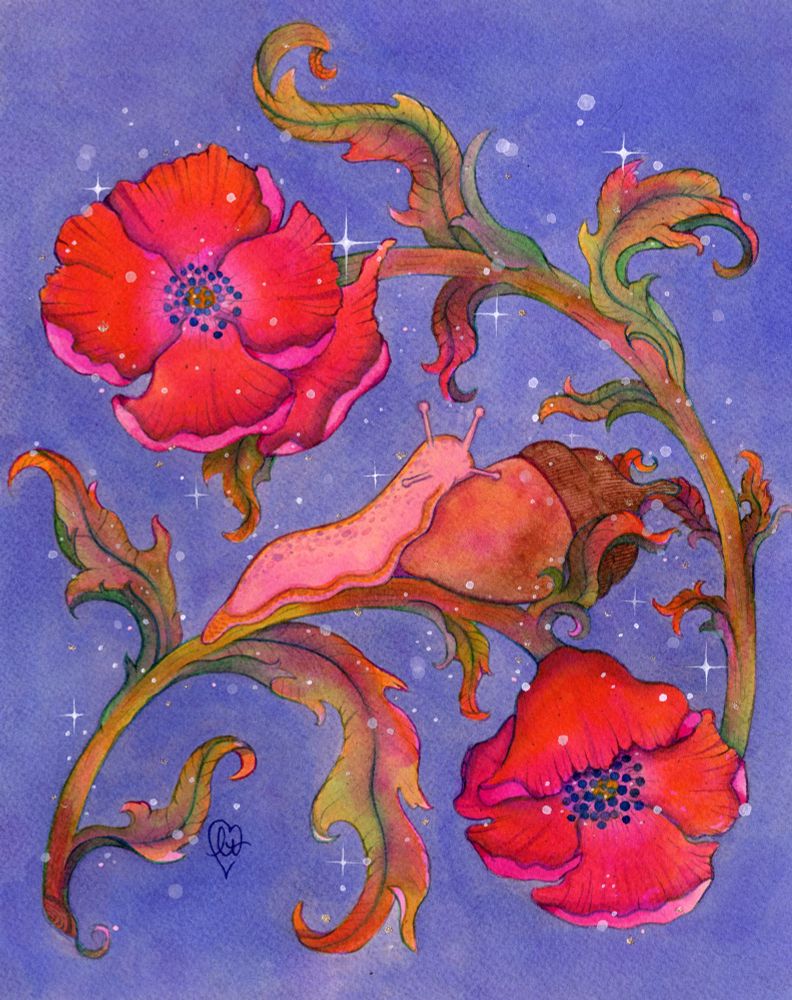 A watercolor painting featuring a slug at the center eating an acorn, surrounded by two poppy flowers. The scene is dotted with puffs of pollen and glitter. 