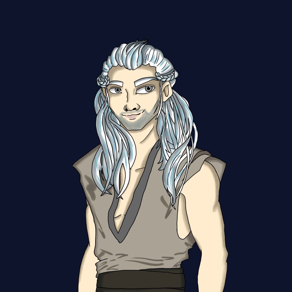 Azrael Duciel, aasimar warlock. his bluish-silvery hair hangs over his shoulders, small braids ringing his temples to join off-screen behind him. His silver eyes are looking off to the left (right of picture), and he's got a kind but slightly mischievous smirk on his stubble-lined face. Az is slight of build, but tall and wiry with pale skin, and he's wearing a loose-fitting sleeveless shirt of a grayish-beige with a deep v cut, and a wrapped cloth belt of a darker grey closer to black.
