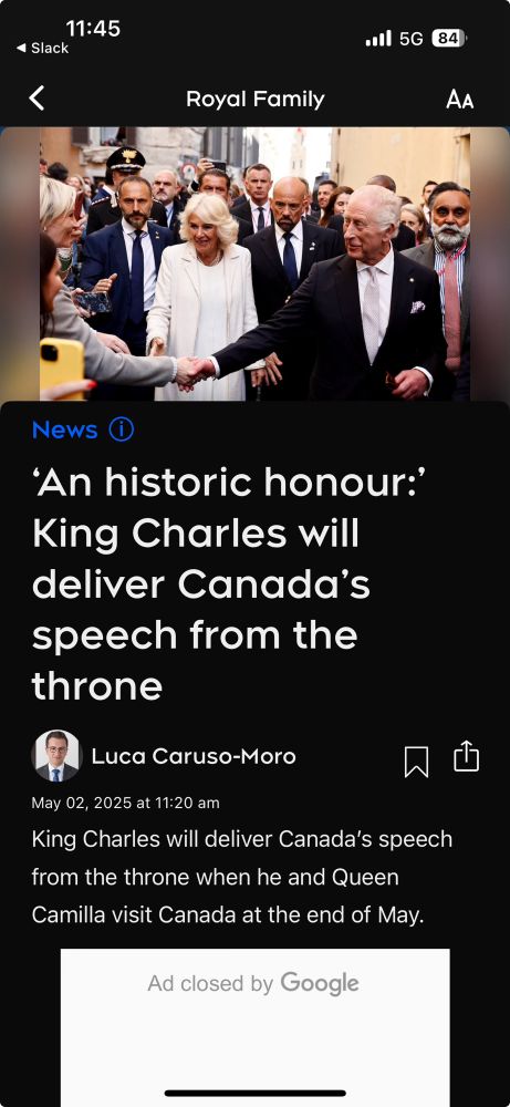 Screenshot from CTV News detailing the announcement that HM King Charles III will read the Throne Speech when Canada's Parliament resumes at the end of May. 