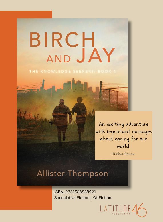 Cover of Birch and Jay showing two figures with their backs to the viewer in a hazy, firey landscape that shows towers of a city in the far distance.