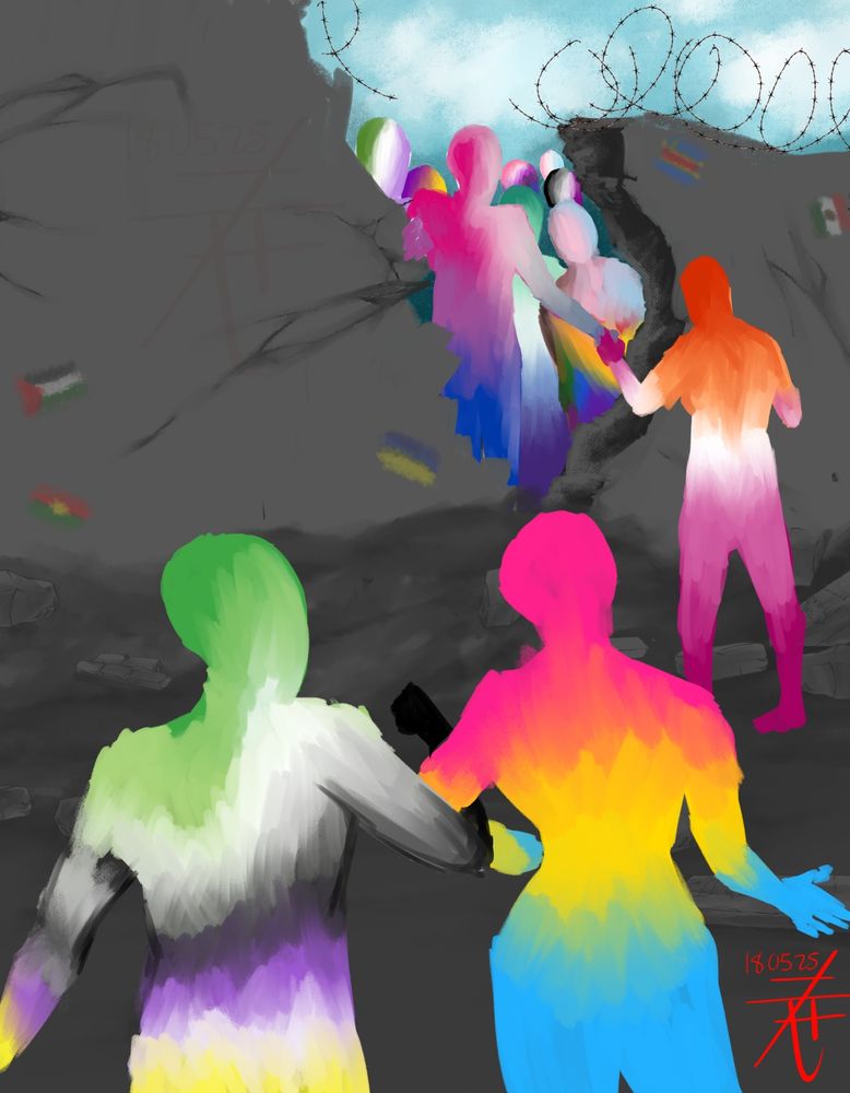 A digital illustration picturing a partially destroyed wall with barbed wire at the top, rubble surrounding the scene. There are several silhouettes of people meeting at the broken down point of the wall, holding hands and reaching out towards each other. Each silhouette has the colors of a different pride flag. There are also some faded flags graffittied on the wall, hinting at countries with ongoing conflicts.