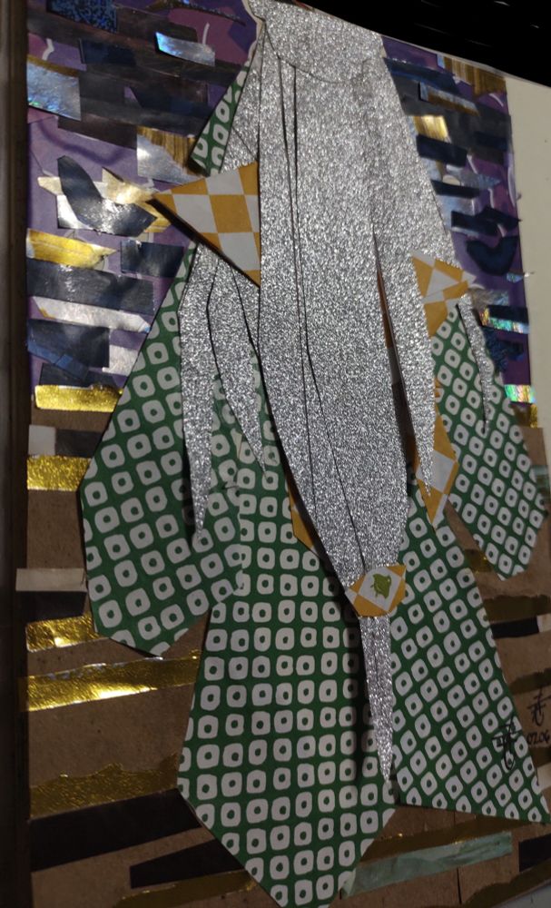 A collage made from paper and washi tape, layered and cut into different shapes to make the figure of a woman with long silver hair in a green and yellow kimono, with a dark sky and earthy background.