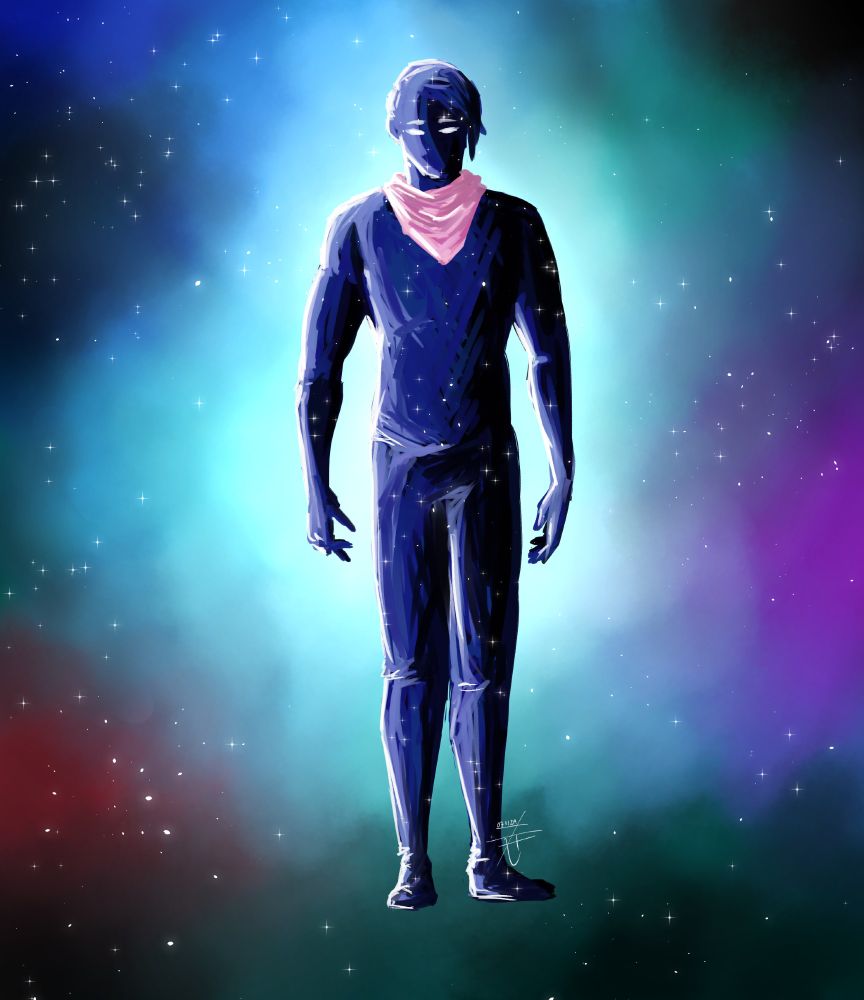 Digital illustration of a humanoid figure made of night sky, with dark blue hues and stars all over. The figure wears a pink bandana around his neck and the only features visible are his eyes and eyebrows, fully white. The background is a nebula, with pinks, reds, blues and cyan clouds and lots of stars scattered around. The background is the brightest right behind the figure.