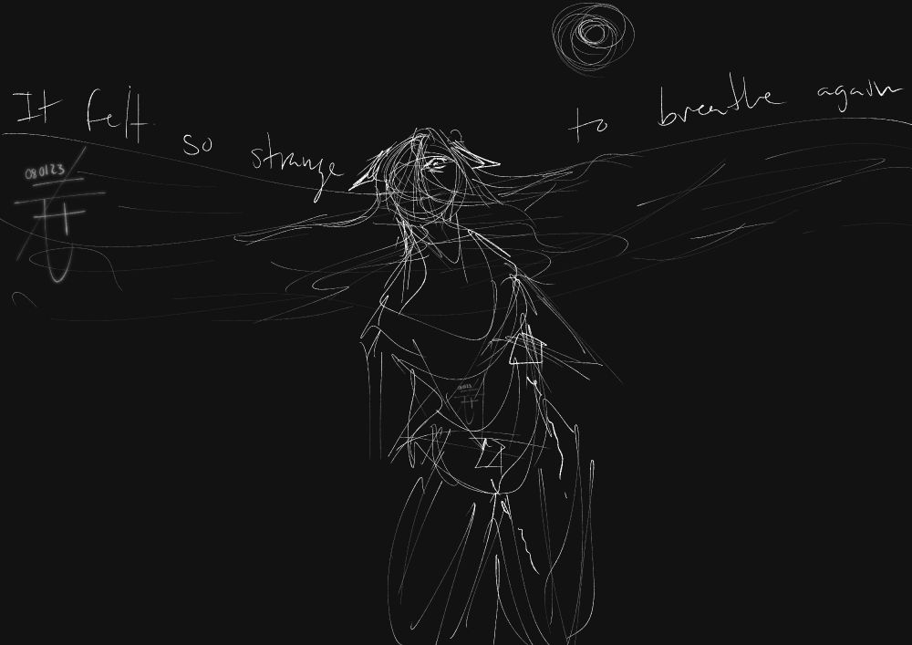 Digital drawing with dark gray background and white/light gray linework. A human figure with wolf ears breaks the surface of the water, only one eye showing between the hair of the figure. The text continuing from the previous frame reads "It felt so strange to breathe again"