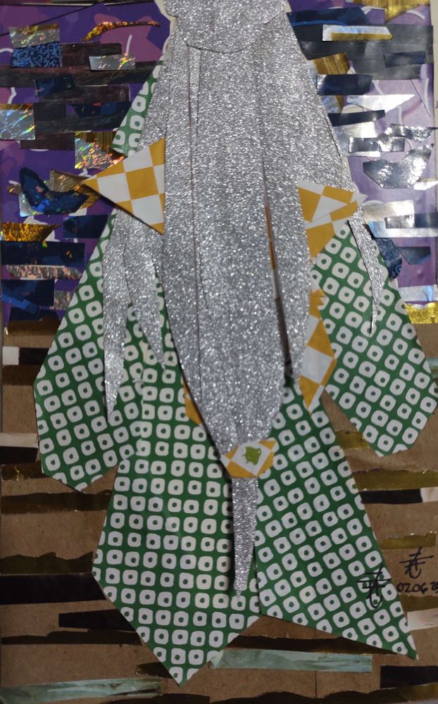 A collage made from paper and washi tape, layered and cut into different shapes to make the figure of a woman with long silver hair in a green and yellow kimono, with a dark sky and earthy background.