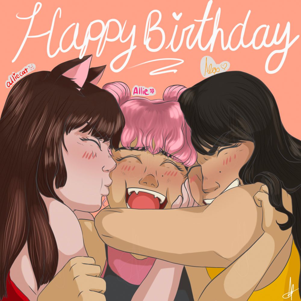 Digital artwork of three femme presenting people, one in the middle being squished in an embrace from the two flanking. 

Left: Brown hair, pale skin and a red shirt kissing the cheek of the person in the middle. Labeled above: alliecat with a cat drawing signature

Middle: Pink hair, slightly-olive skin, wearing black overalls over a pink tank top, mid-laugh and holding onto the two hugging them. labeled above: Allie 🌸

Right: Long dark hair, slightly-olive skin, yellow tank top, mid-grin while embracing the person in the middle. Labeled above, Alex 💛