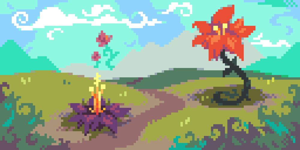 a pixel art landscape of overgrown, alien-looking flowers with some swirly clouds in the background