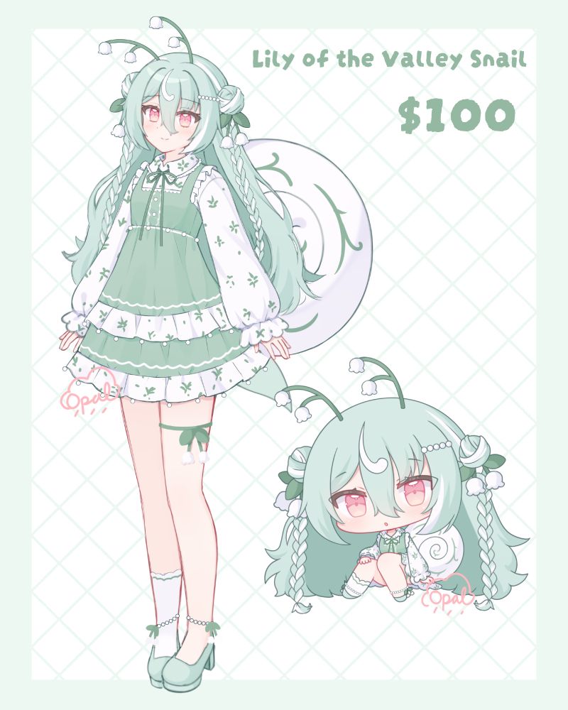 A sea foam green snail girl with a lily of the valley motif!