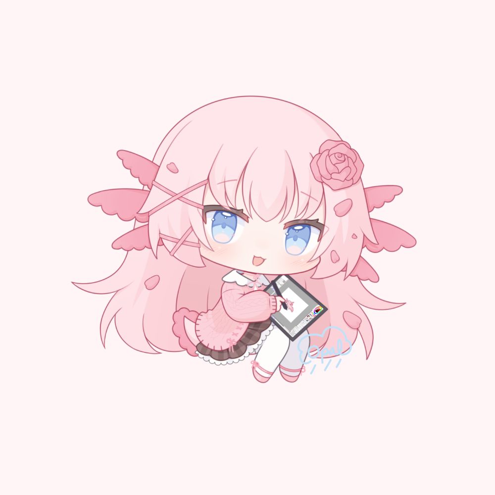 Pink axolotl chibi who's drawing on a display drawing tablet. She has roses in her hair.