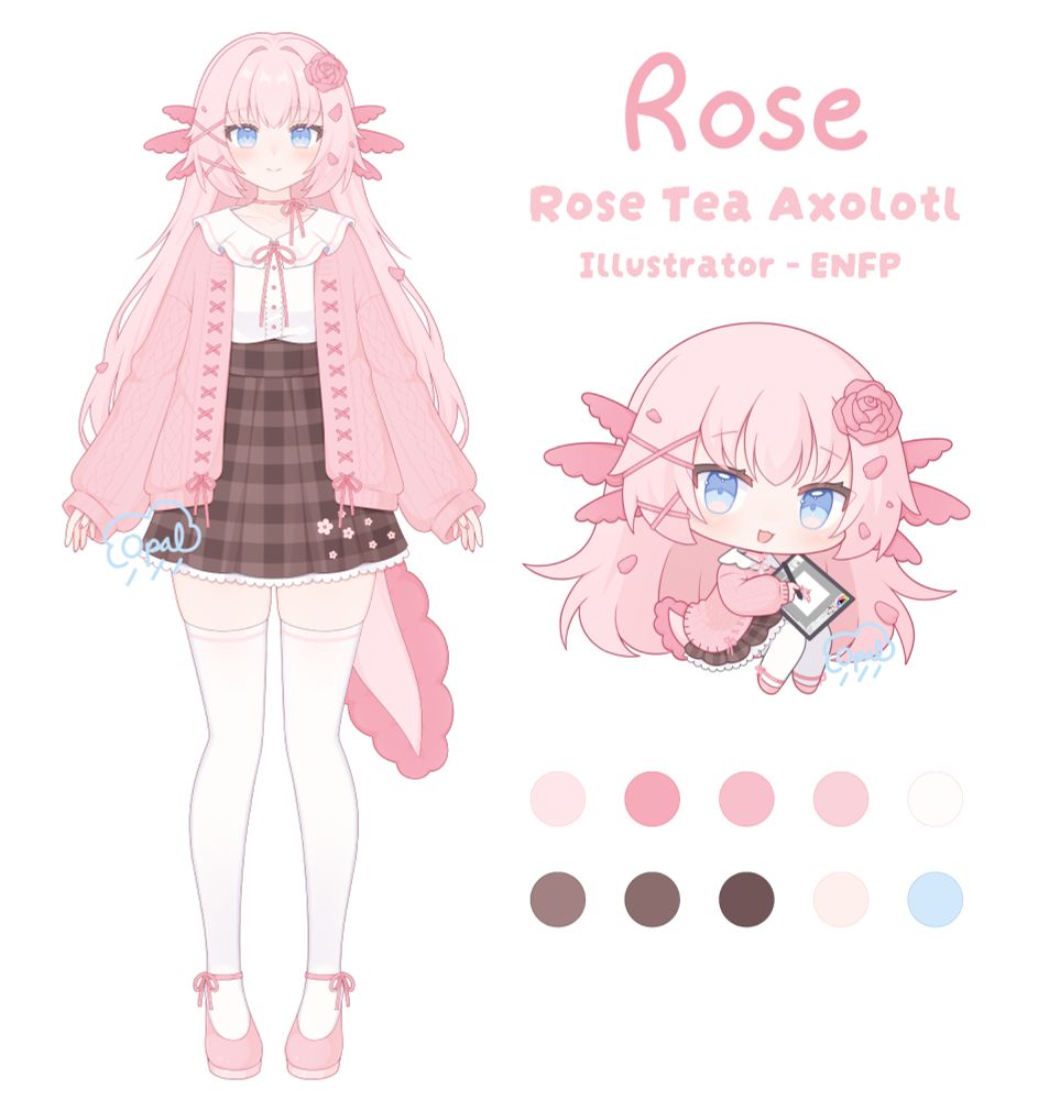 A very pink axolotl anime girl! She wears a comfy cardigan outfit and has light blue eyes for contrast. She has a rose and rose petals in her hair.