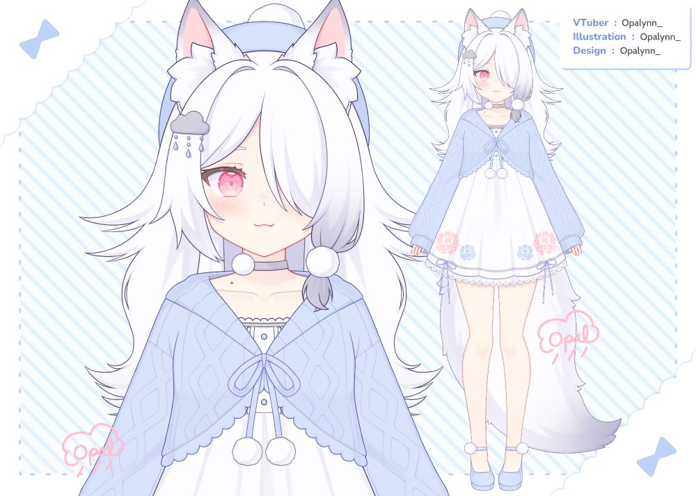 VTuber model art of my persona, Opal! She is fox girl with a huge fluffy tail and long fluffy hair. She wears a cropped cardigan and a dress. Her outfit as lots of fluffy pompoms.