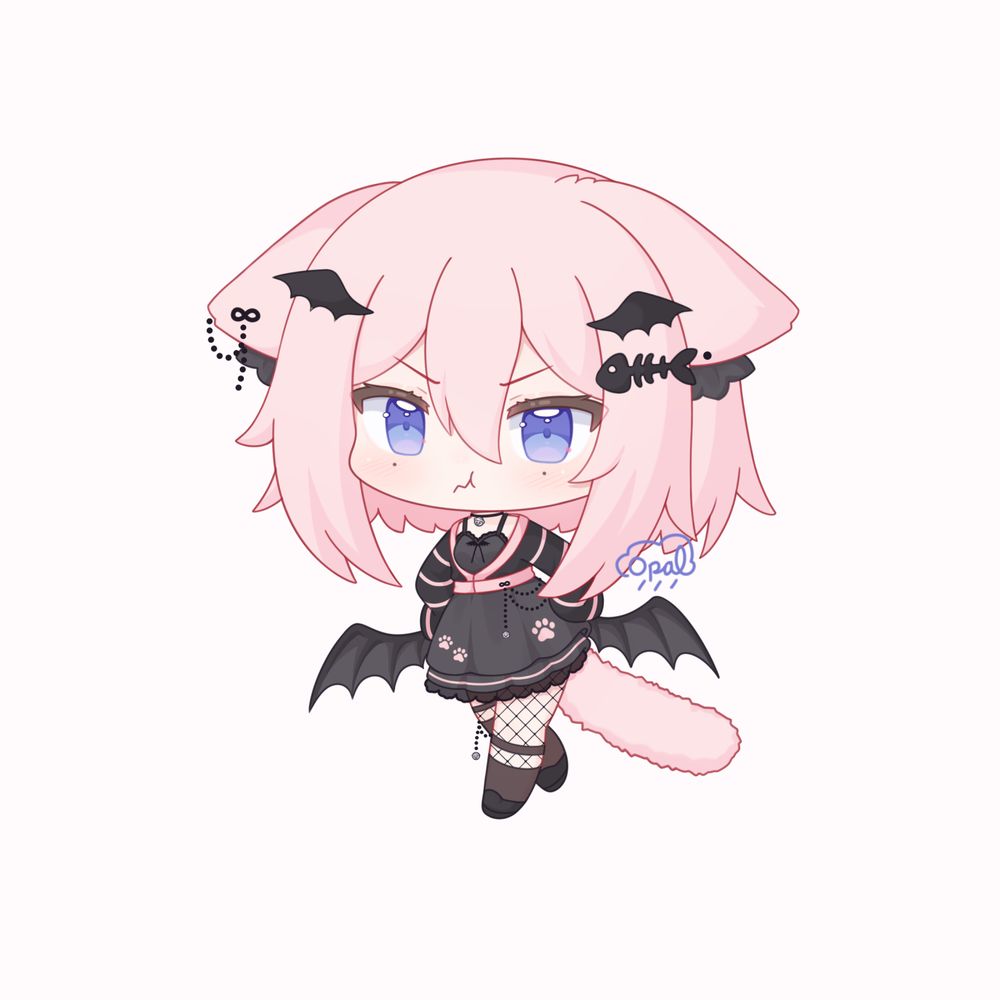 Chibi illustration of a cat girl with bat wings. She's pouting with her hands on her hips.