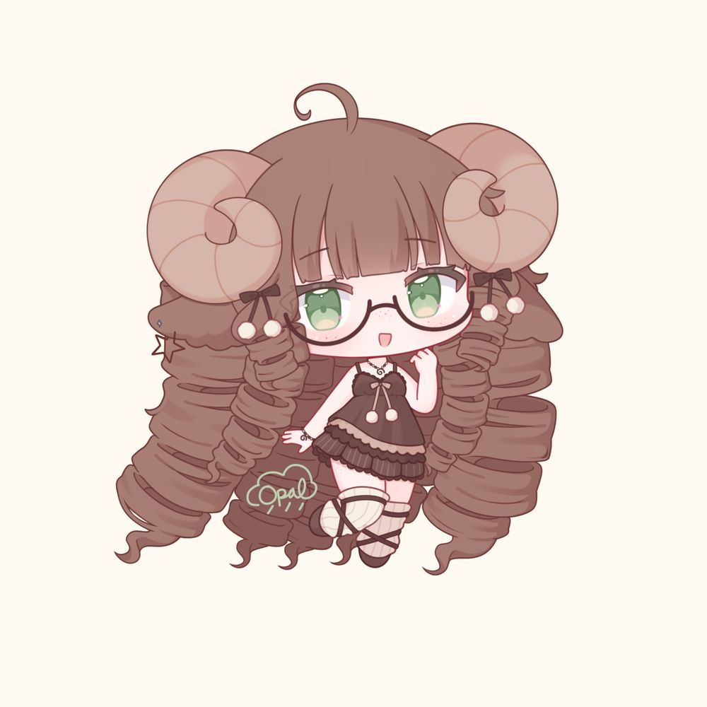 A chibi illustration of a sheep hair with hair that spirals into drill shapes.