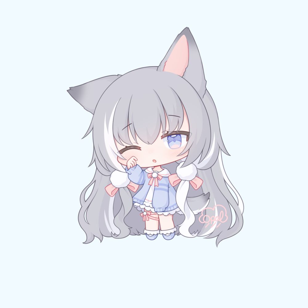 A chibi illustration of my husband's oc. She's a silver-haired wolf girl with a long, blue cardigan and a white dress.