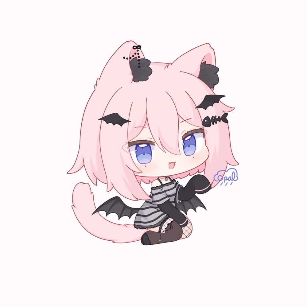 Chibi illustration of a cat girl with bat wings. She's wearing a big T-Shirt dress and a long sleeved shirt underneath.
