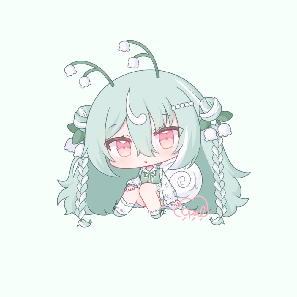 Sea foam green snail chibi with a lily of the valley flower motif.