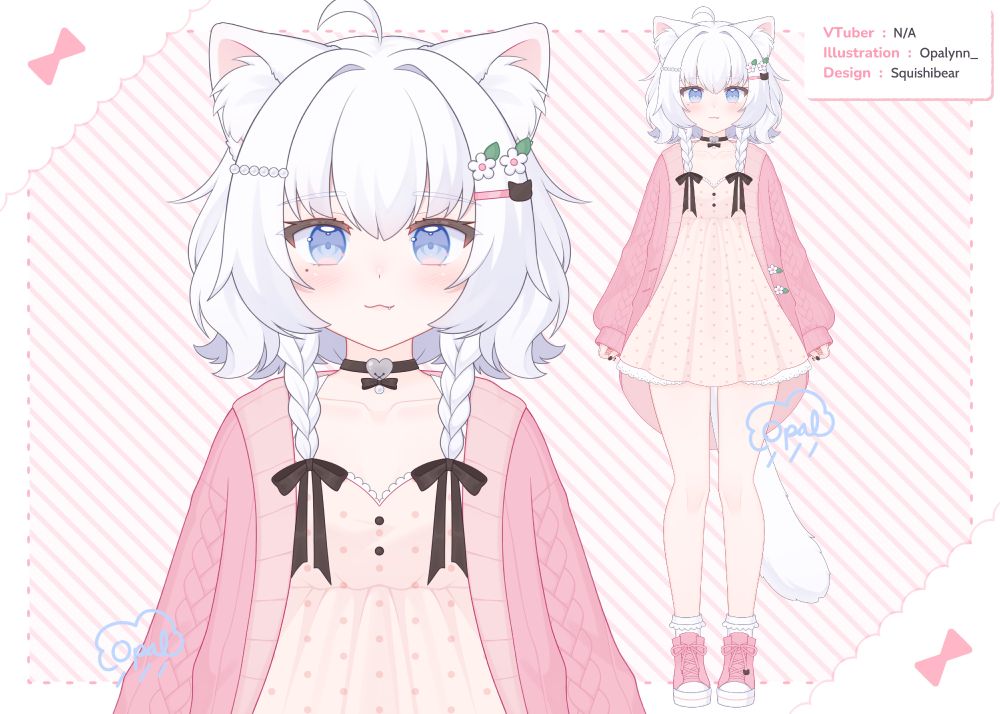 A VTuber model of my OC, Lily! She is a cat girl wearing a very long cardigan and a dress. Her hair is short but with long braids coming out of the front.