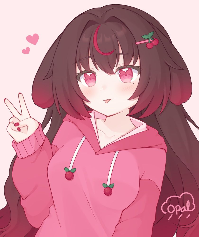 PyuuniBri's VTuber model wearing a comfy hoodie. She's sticking her tongue out slightly and her fingers are making a "V" shape