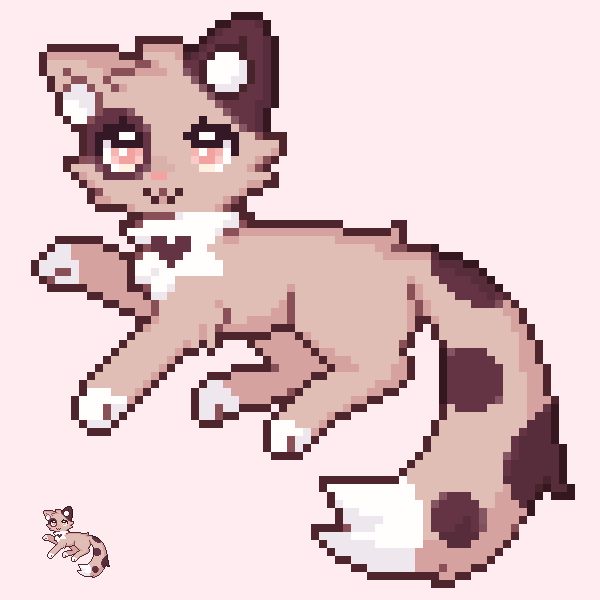 A pixel art illustration of a light brown cat with dark brown spots. She has a heart-shaped spot on her chest.