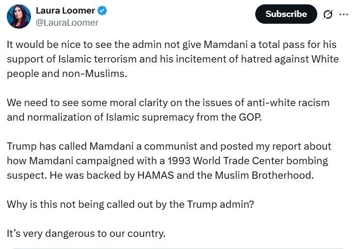 Laura Loomer tweet about Zohran Mamdani/Trump meeting. 