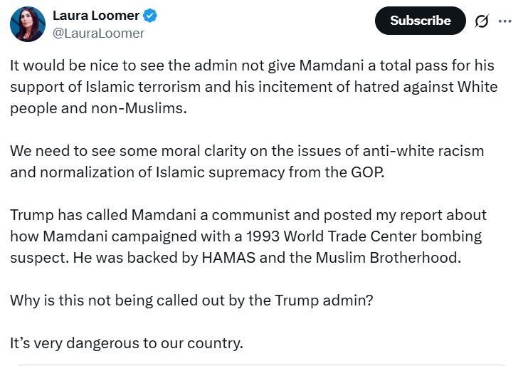 Laura Loomer tweet about the Trump/Mamdani meeting 