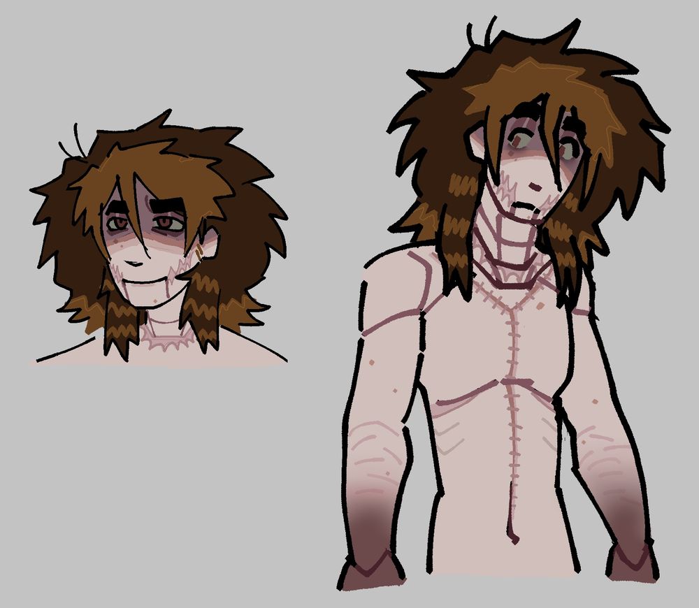 Two small doodles of my persona. The one on the left is a more detailed drawing of the face, with scars running along her jaw and beneath her neck. The second is a half body, showing a stitched up Y incision covering her clavicle and running down to her stomach. She’s a lot skinnier than I usually draw her because I wanted to try a different body type.