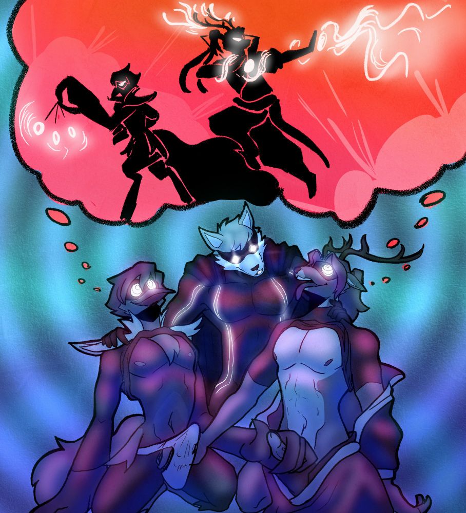A digital colour (heavily blue filtered) full body art piece with three characters visible: Psylo (He/him), an anthro superhero mule deer, Swavian (He/him), an anthro superhero raggiana, and Professor Wolf (He/him), an anthro supervillain wolf. 

Psylo has dark hair, tied back in a ponytail, as well as medium length antlers that curve back on his head. He is wearing a black eye mask, and black compression t-shirt, hiked up above his pecs. His lower-half garments are crumpled and nondescript from the thighs down.  His torso is a lighter shade than the rest of his body. Swavian has short dark hair that falls over his eyes, and a black eye mask. He has a short sharp beak. There are jagged spaulders on each shoulder, and a shirt hiked up above his pecs. He is also wearing a heavily-tented thong. Professor Wolf has a short “swoop” of hair on the middle of his head and perky ears. He is wearing googles with glowing lenses. A dark cape hangs off his back. He is wearing a skintight dark suit with glowing line details up his thighs and pecs, and down his arms. 

In the image itself, Swavian is on his knees on the left side of the image, Psylo on his knees on the right side. The pair are masturbating each other, Swavian stoking Psylo with his left hand, Psylo stroking Swavian with his right. Both heroes are dishevelled, half-undressed. As mentioned above, both of their shirts have been hiked above their chests, torsos exposed. Swavian is tenting his thong, while Psylo’s cock is fully exposed. Both have rings in their wide eyes, obviously hypnotized. Swavian has a tight blank smile, while Psylo’s tongue hangs out, panting in pleasure. Professor Wolf stands behind them, a hand on each of their shoulders, a glow in his visor and a smile on his face.

A red-tinged shared thought bubble from Swavian and Psylo reveal what the pair are hypnotized to see—the two silhouetted in black, mid-combat. Swavian uses a hypnotic pendant, and Psylo is using his psionic blasts. 