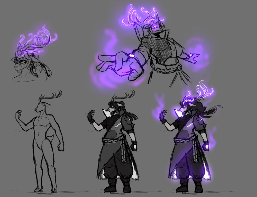 A simple sketch ref sheet of a deer superhero, wearing a cybernetic asymmetrical coat, cargo pants, and a face mask covering his eyes. Purple psionic magic swirls around his hands, antlers, and eyes.