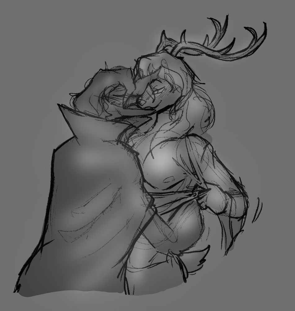A digital sketch art piece with two characters visible: a vampiric version of Milo (he/him), an anthro mule deer, and Lucian (He/him), an anthro dracula parrot vampire.

Milo has medium-length antlers, curving up and back on his head, and wavy mid-back length hair. He is wearing a non-descript floofy poet's shirt. Lucian has a short, sharp beak, and shaggy hair, wearing a high-collared cape, obscuring the rest of his body.  

In the sketch itself, Lucian is standing to the left side of the image, Milo to the right. Lucian's back is to the audience, while Milo's torso is to the audience. Lucian and Milo are engaged in a deep kiss, Lucian's eyes closed, Milo's eyes open, both with a blush on their face. Lucian has one hand on Milo's waist, pulling him in, the other holding the right side of his face. Milo is actively in the process of ripping his shirt off, coming off his chest in strands, his left pec and nipple visible. 