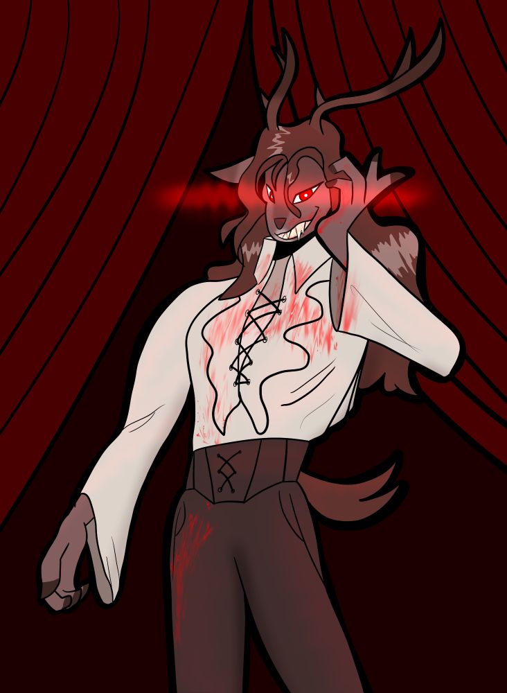 A digitally rendered art piece, featuring a vampiric version of Milo (He/him), an anthro mule deer with medium-length antlers, and wavy mid-back length brown hair. He is wearing a white long-sleeved frilled poet's shirt, tucked into tight-waisted brown bardic pants.

In the piece itself, Mio is staring at the viewer with sharply glowing red eyes. He is smiling menacingly, sharp fangs visible in his mouth. His right arm is down near his side, while he is wiping blood up his cheek with the palm of his left hand. There are blood splatters staining his face, mouth, upper torso, and right thigh.

The background of the image is an ***EXTREMELY*** deep brown red. There are two red curtains in the top corners, Milo standing underneath their part. 