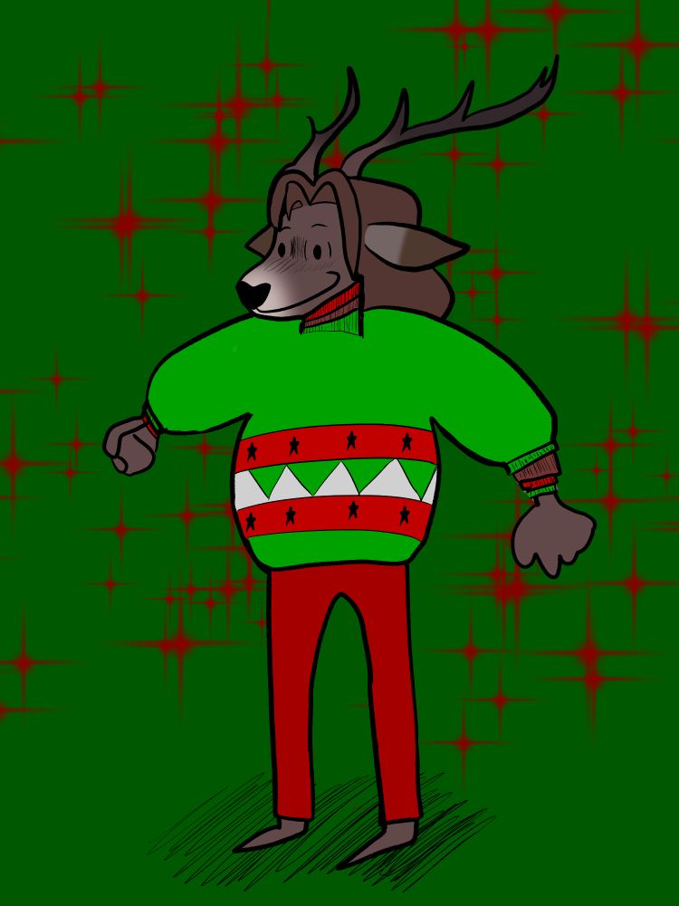 A digitally rendered art piece, featuring Milo (He/him), an anthro mule deer.

Milo has short antlers that curl backwards on his head, darkening towards the tips of his prongs. He has upper-back length brown hair. His face, hands, and feet are the same muted brown, while his snout is more of a cream colour. 

In the image itself, Milo is standing in the centre of the image, arms slightly out to the sides. He is wearing red pants and a green ugly Christmas sweater, with two red horizontal stripes with stars within sandwiching a pattern of green and white triangles. He has a wide closed-mouthed smile on his face. The background is a solid forest green with several red glitters.  