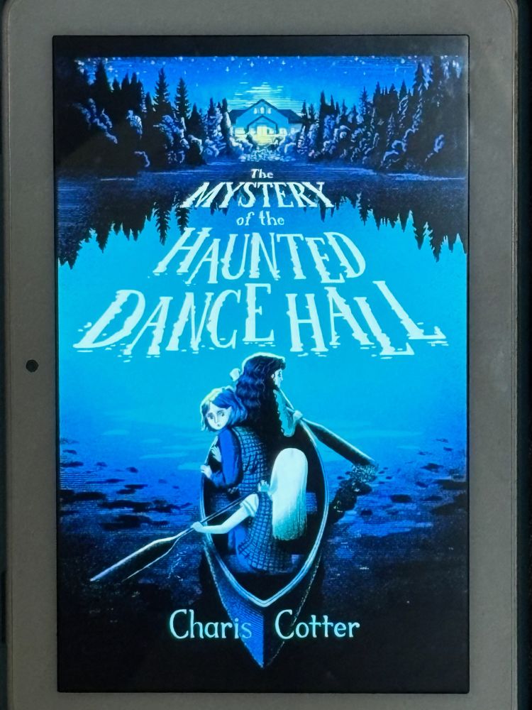 Book cover on an ereader. Cover is mostly in blues, a lake with a canoe that has three young girls in it. 