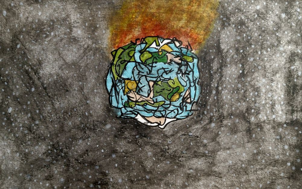 Abstract drawing of the Earth, almost like a crumpled piece of trash paper, on fire, in the middle of gray space with stars surrounding it