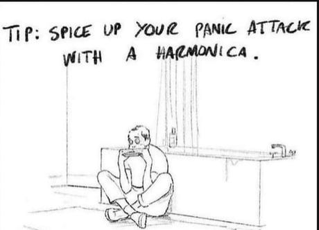 A person suffering a panic attack, playing harmonica.