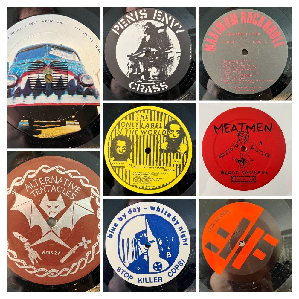 A collage of 8 different record labels