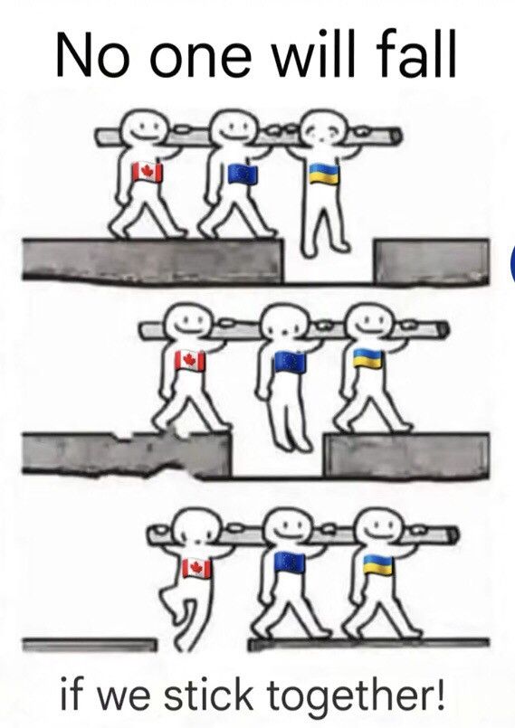 Überschrift: No one will Fall. Unter dem Bild steht: if we stick together.

Zu sehen ist dreimal eine ähnliche Situation: 3 Männchen, die für Kanada, EU und Ukraine stehen, tragen gemeinsam einen Balken. Sie überqueren ein Loch. Im ersten Bild hängt die Ukraine über dem Loch in der Luft und hält sich am Balken fest, der von EU und Kanada getragen wird. Im zweiten Bild hängt die EU als mittleres Männchen in der Luft. Und am Ende wird Kanada von Ukraine und EU davor geschützt, ins Loch zu fallen.

