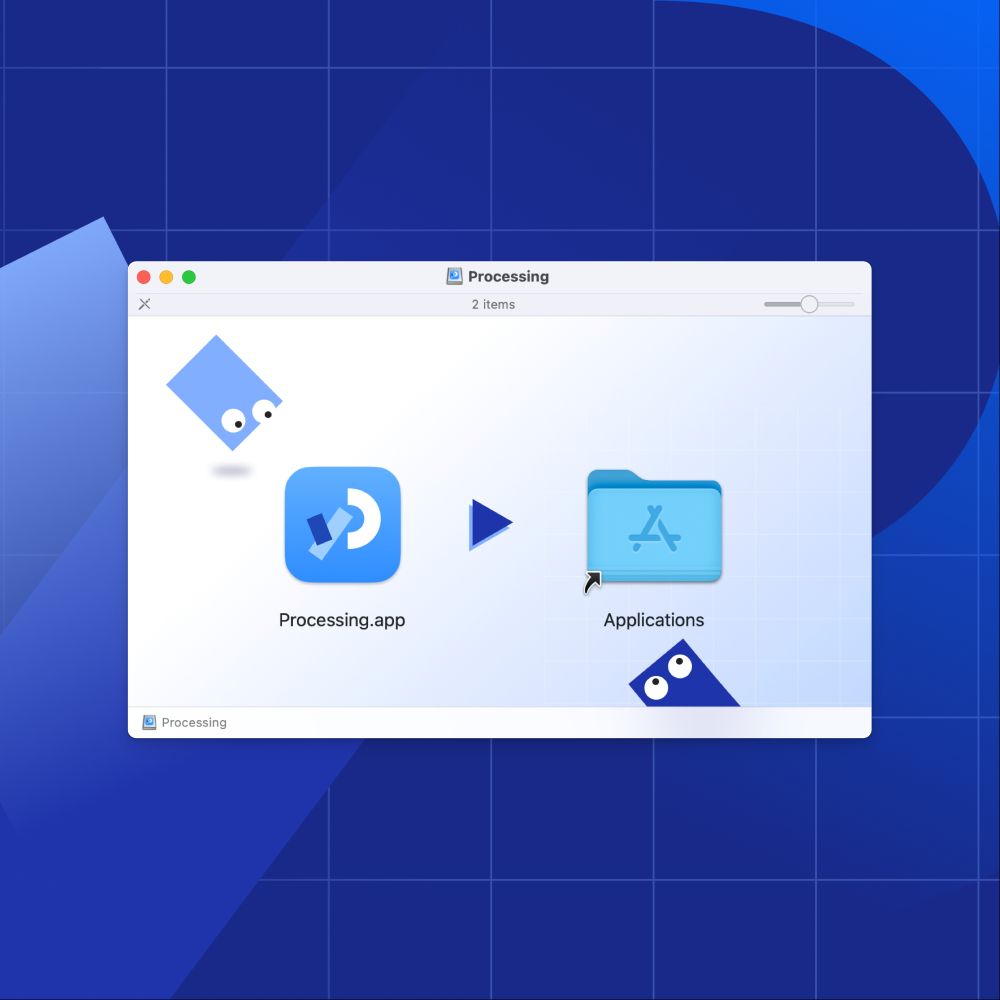 A macOS installation window for Processing, showing a blue Processing.app icon on the left and an Applications folder on the right, with an arrow between them indicating the app should be dragged into the folder. The background is blue with a grid pattern, and there are playful, blue geometric characters with eyes in the corners of the window.