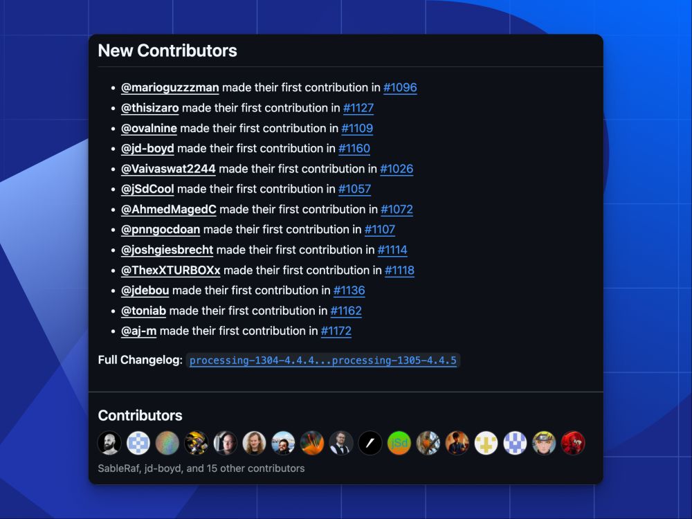 Screenshot showing a list of new contributors to the Processing 4.4.5 release, each with a link to their first pull request. Usernames listed include @marioguzzzman, @thisizaro, @ovaline, @jd-boyd, @Vaivaswat2244, @JSdCool, @AhmedMagedC, @pnngocdoan, @joshgiesbrecht, @ThexXTURBOXx, @jdebou, @toniab, and @aj-m. Below the list is a link to the full changelog and a row of contributor avatars, with names like SableRaf and jd-boyd among others.