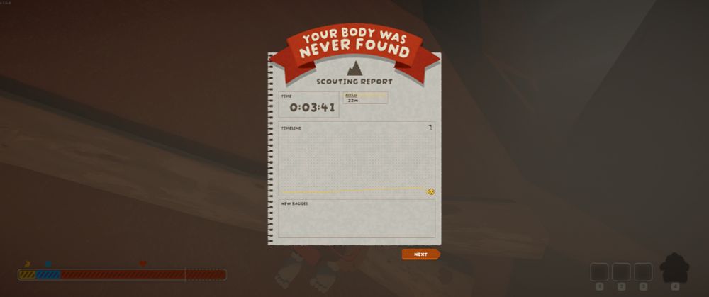 a peak game over screen. the climber only made it 22 meters up the mountain and died after 3 minutes.