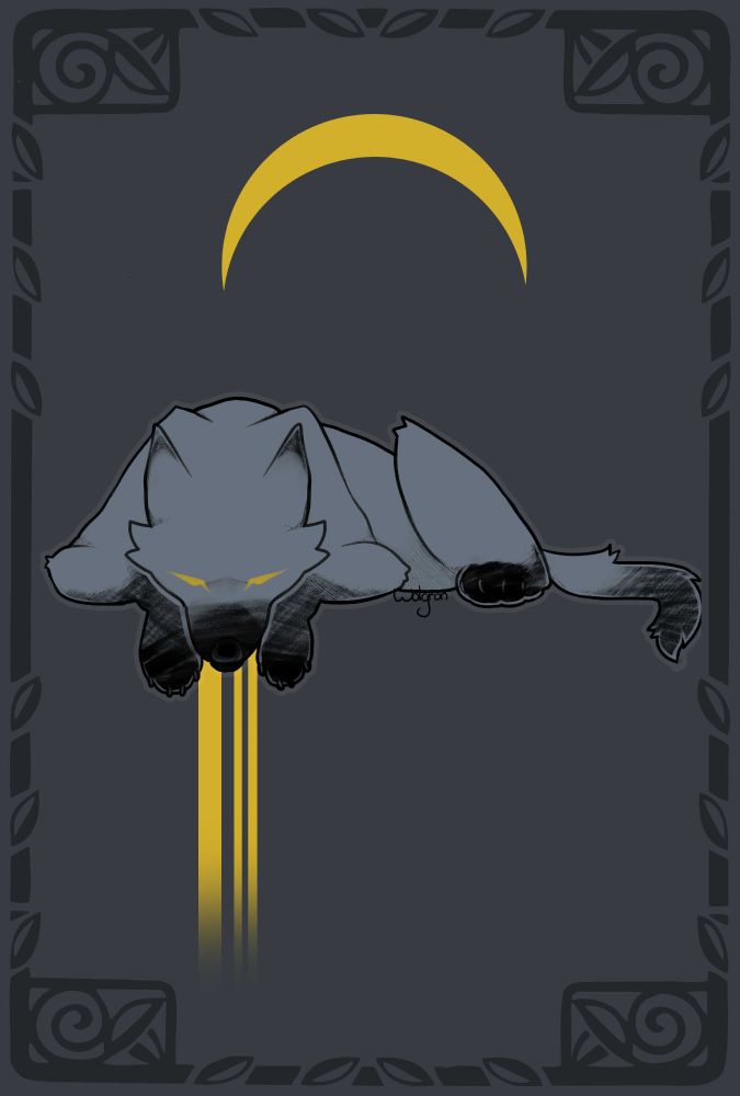 A wolf laying down against a tarot-card background. Overhead hangs a crescent moon.