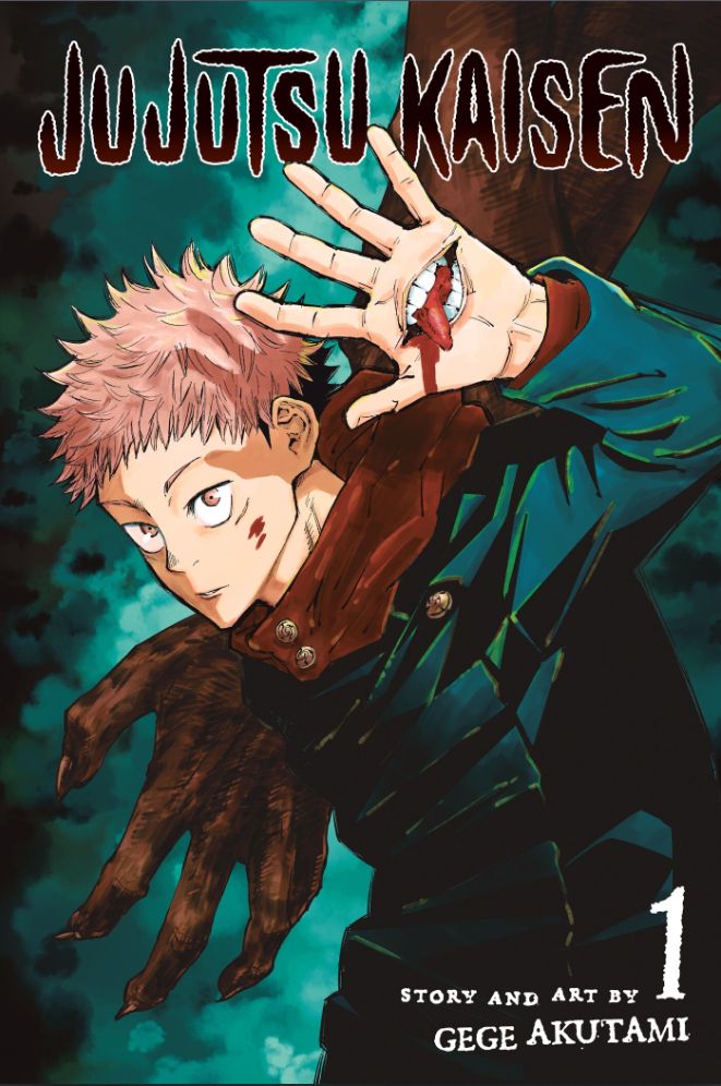 Cover of the first volume of Jujutsu Kaisen manga by Gege Akutami, featuring main character Yuji Itadori with his hand up, showing a mouth and tongue growing out of his hand.