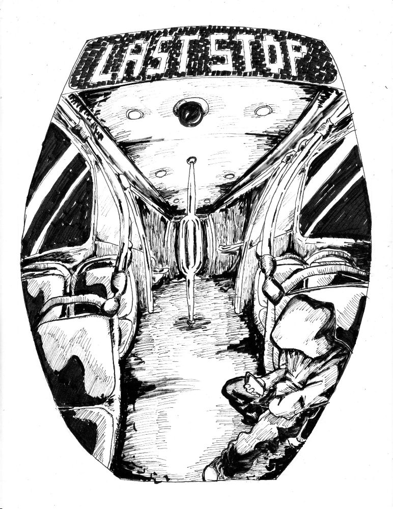 A warped 2 point perspective shot of the interior of a city transit train. The light up info display shows the title of the comic: "Last Stop". A single person is in view, sitting close to the camera, on their phone.